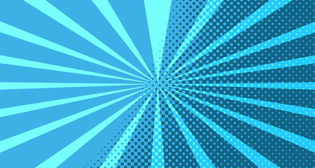 Vintage colorful comic book background. Blue blank bubbles of different shapes. Rays, radial, halftone, dotted effects. For sale banner for your designe 1960s. With copy space eps10.