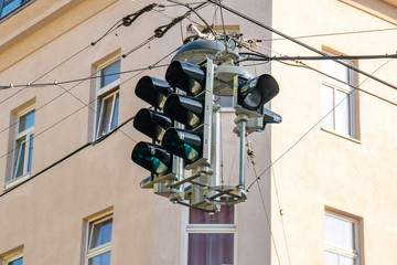 Traffic light with green color. Transportation, Vienna