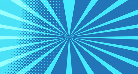 Vintage colorful comic book background. Blue blank bubbles of different shapes. Rays, radial, halftone, dotted effects. For sale banner for your designe 1960s. With copy space eps10.