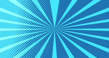 Obraz premium Vintage colorful comic book background. Blue blank bubbles of different shapes. Rays, radial, halftone, dotted effects. For sale banner for your designe 1960s. With copy space eps10.