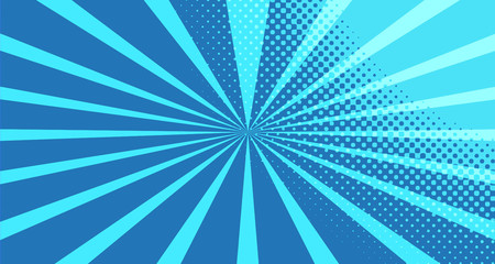 Vintage colorful comic book background. Blue blank bubbles of different shapes. Rays, radial, halftone, dotted effects. For sale banner for your designe 1960s. With copy space eps10.