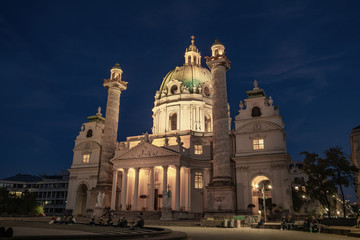 Karlskirche or St. Charles's Church - one of famous churches in Vienna at night.