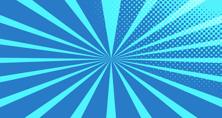Vintage colorful comic book background. Blue blank bubbles of different shapes. Rays, radial, halftone, dotted effects. For sale banner for your designe 1960s. With copy space eps10.