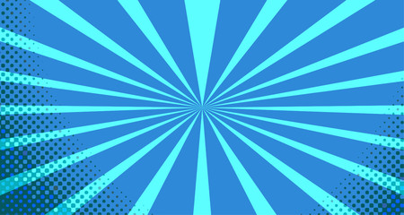 Vintage colorful comic book background. Blue blank bubbles of different shapes. Rays, radial, halftone, dotted effects. For sale banner for your designe 1960s. With copy space eps10.