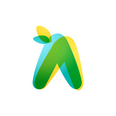 Letter A eco logo. Overlapping gradient font with green leaves.