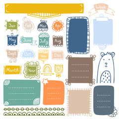 Bullet journal hand drawn vector elements for notebook, diary and planner. Doodle frames isolated on white background. 