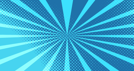 Vintage colorful comic book background. Blue blank bubbles of different shapes. Rays, radial, halftone, dotted effects. For sale banner for your designe 1960s. With copy space eps10.