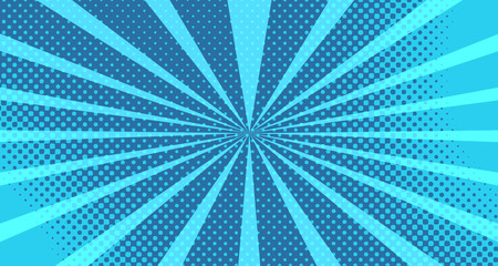 Vintage colorful comic book background. Blue blank bubbles of different shapes. Rays, radial, halftone, dotted effects. For sale banner for your designe 1960s. With copy space eps10.