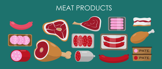 Set of meat products. Fresh meat and sausage. Vector illustration.