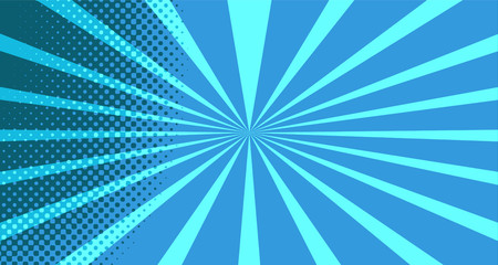 Vintage colorful comic book background. Blue blank bubbles of different shapes. Rays, radial, halftone, dotted effects. For sale banner for your designe 1960s. With copy space eps10.
