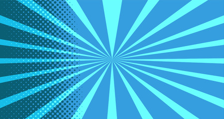 Vintage colorful comic book background. Blue blank bubbles of different shapes. Rays, radial, halftone, dotted effects. For sale banner for your designe 1960s. With copy space eps10.