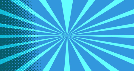 Vintage colorful comic book background. Blue blank bubbles of different shapes. Rays, radial, halftone, dotted effects. For sale banner for your designe 1960s. With copy space eps10.