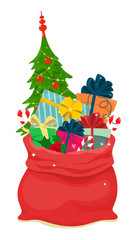 Santa's christmas bag with christmas tree and gifts. Merry Christmas. Vector isolate in cartoon flat style on a white background.