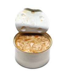 Cat food in tin can, packaging isolated on white background