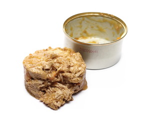 Cat food in tin can, packaging isolated on white background