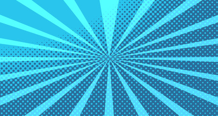 Vintage colorful comic book background. Blue blank bubbles of different shapes. Rays, radial, halftone, dotted effects. For sale banner for your designe 1960s. With copy space eps10.