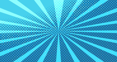 Obraz premium Vintage colorful comic book background. Blue blank bubbles of different shapes. Rays, radial, halftone, dotted effects. For sale banner for your designe 1960s. With copy space eps10.