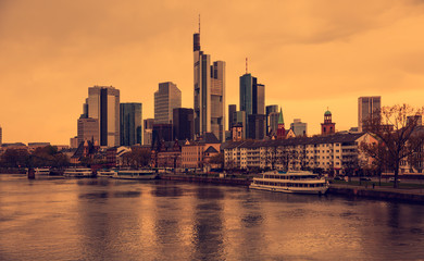 Fototapeta na wymiar Vintage, retro style - Skyline of Frankfurt, modern finance district - Frankfurt, Germany. 