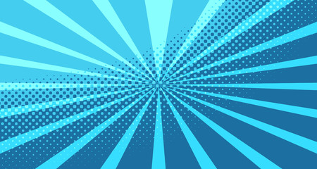 Vintage colorful comic book background. Blue blank bubbles of different shapes. Rays, radial, halftone, dotted effects. For sale banner for your designe 1960s. With copy space eps10.