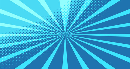 Vintage colorful comic book background. Blue blank bubbles of different shapes. Rays, radial, halftone, dotted effects. For sale banner for your designe 1960s. With copy space eps10.