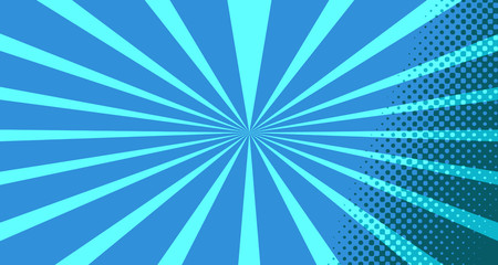 Vintage colorful comic book background. Blue blank bubbles of different shapes. Rays, radial, halftone, dotted effects. For sale banner for your designe 1960s. With copy space eps10.