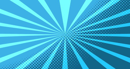 Vintage colorful comic book background. Blue blank bubbles of different shapes. Rays, radial, halftone, dotted effects. For sale banner for your designe 1960s. With copy space eps10.