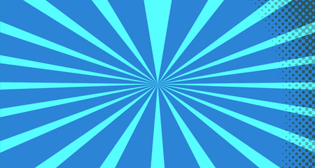 Vintage colorful comic book background. Blue blank bubbles of different shapes. Rays, radial, halftone, dotted effects. For sale banner for your designe 1960s. With copy space eps10.