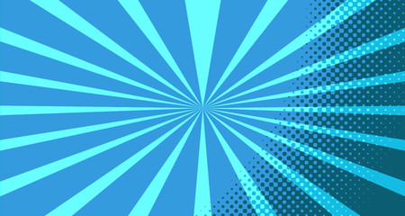 Vintage colorful comic book background. Blue blank bubbles of different shapes. Rays, radial, halftone, dotted effects. For sale banner for your designe 1960s. With copy space eps10.