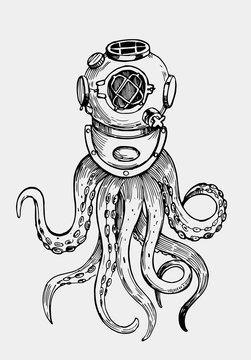Octopus tentacles in retro diving suit. Illustration for print. Outline with transparent background. Hand drawn illustration converted to vector