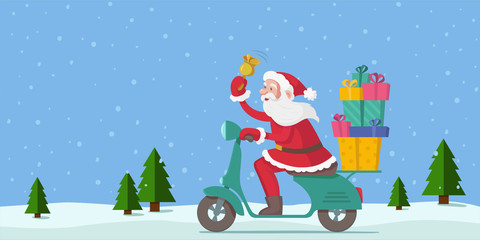Happy Santa is riding motor bike with boxes of gifts against the background of winter landscape. Santa is ringing a bell. Vector colorful illustration. 