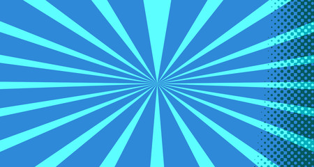 Vintage colorful comic book background. Blue blank bubbles of different shapes. Rays, radial, halftone, dotted effects. For sale banner for your designe 1960s. With copy space eps10.