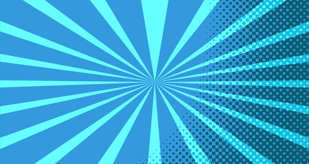 Vintage colorful comic book background. Blue blank bubbles of different shapes. Rays, radial, halftone, dotted effects. For sale banner for your designe 1960s. With copy space eps10.