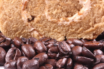 Coffee roll cake with coffee beans