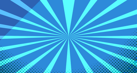 Vintage colorful comic book background. Blue blank bubbles of different shapes. Rays, radial, halftone, dotted effects. For sale banner for your designe 1960s. With copy space eps10.