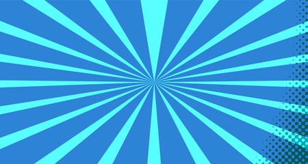 Vintage colorful comic book background. Blue blank bubbles of different shapes. Rays, radial, halftone, dotted effects. For sale banner for your designe 1960s. With copy space eps10.