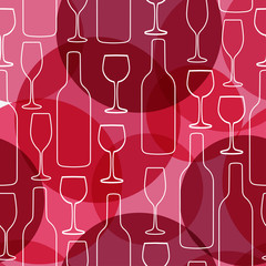 Seamless background with wine bottles and glasses. Bright colors pattern for web, poster, textile, print and other design - 305908318