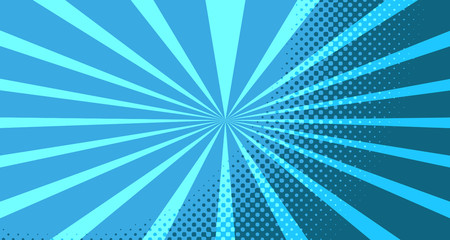 Vintage colorful comic book background. Blue blank bubbles of different shapes. Rays, radial, halftone, dotted effects. For sale banner for your designe 1960s. With copy space eps10.
