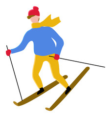 Person wearing warm clothes skiing outdoors. Man leading active lifestyle. Hobby of male, winter sports and leisure on vacation. Recreation of sportsman. Personage in hat and gloves vector in flat