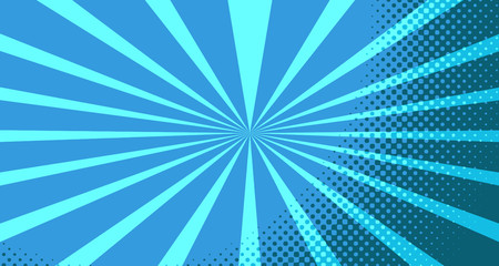 Vintage colorful comic book background. Blue blank bubbles of different shapes. Rays, radial, halftone, dotted effects. For sale banner for your designe 1960s. With copy space eps10.