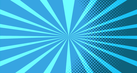 Vintage colorful comic book background. Blue blank bubbles of different shapes. Rays, radial, halftone, dotted effects. For sale banner for your designe 1960s. With copy space eps10.