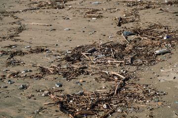 Micro plastic pollution on sea coast over blur background,planet save concept
