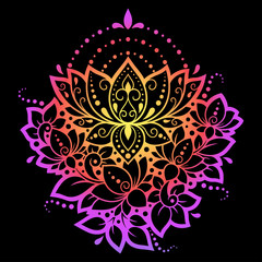 Colorful floral pattern for Mehndi and Henna drawing. Hand-draw lotus symbol. Decoration in ethnic oriental, Indian style. Rainbow design on black background.