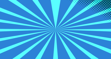 Vintage colorful comic book background. Blue blank bubbles of different shapes. Rays, radial, halftone, dotted effects. For sale banner for your designe 1960s. With copy space eps10.