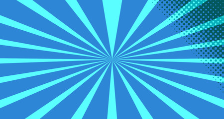 Vintage colorful comic book background. Blue blank bubbles of different shapes. Rays, radial, halftone, dotted effects. For sale banner for your designe 1960s. With copy space eps10.