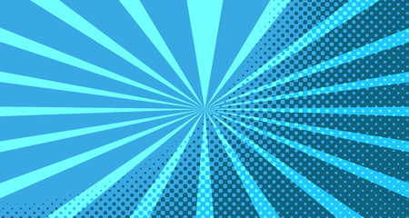 Obraz premium Vintage colorful comic book background. Blue blank bubbles of different shapes. Rays, radial, halftone, dotted effects. For sale banner for your designe 1960s. With copy space eps10.