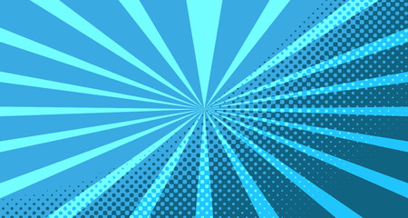 Vintage colorful comic book background. Blue blank bubbles of different shapes. Rays, radial, halftone, dotted effects. For sale banner for your designe 1960s. With copy space eps10.