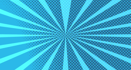 Vintage colorful comic book background. Blue blank bubbles of different shapes. Rays, radial, halftone, dotted effects. For sale banner for your designe 1960s. With copy space eps10.