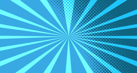 Vintage colorful comic book background. Blue blank bubbles of different shapes. Rays, radial, halftone, dotted effects. For sale banner for your designe 1960s. With copy space eps10.