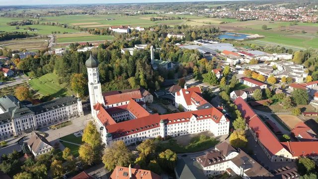 aerial view, Flight at Monastery Church and Ursberg Abbey of the Franciscan St. Joseph's Congregation, Ursberg, Bavaria, Germany