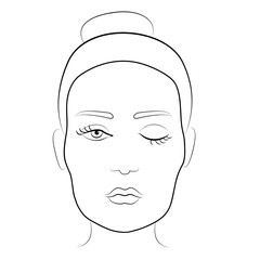 Illustration on a white background outline of the human female face for makeup. Face chart template for make up.How to put on perfect make up. Contouring for face shapes. Line vector illustration.
